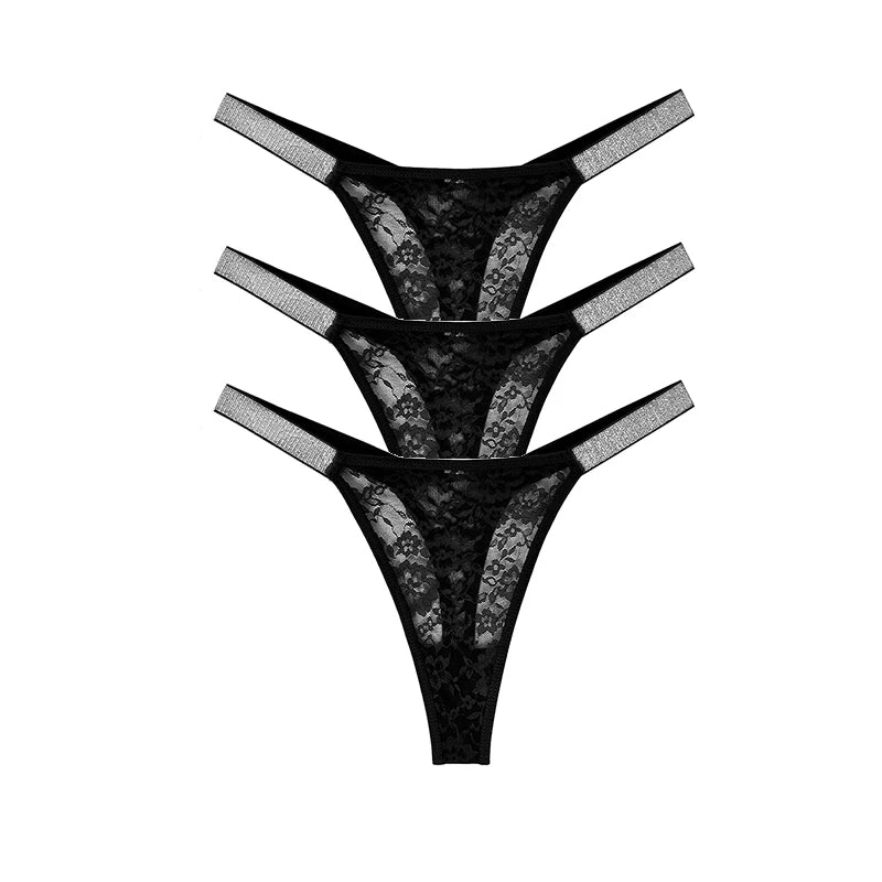 Lot de 3 strings sexy en dentelle pour femme, culottes fleuries transparentes, taille basse, deux ceintures brillantes, string confortable, lingerie intime