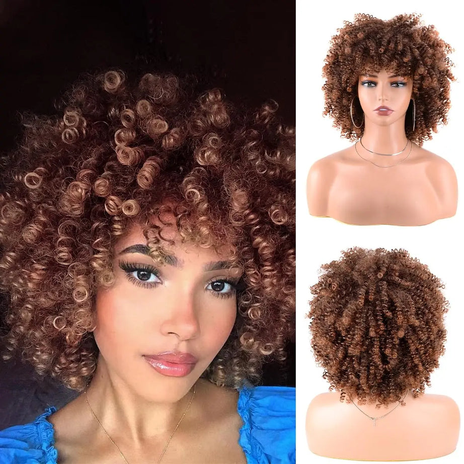 Perruque synthétique afro courte et frisée avec frange, 30 cm, pour femmes noires. Naturelle, sans colle, résistante à la chaleur, idéale pour les soirées et les fêtes.