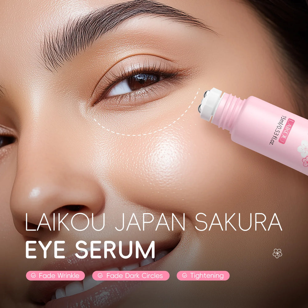 LAIKOU Sakura Eye Serum Roller Massage con ácido hialurónico para el cuidado de la piel, bolsas en los ojos, crema hidratante para ojeras 15 ml