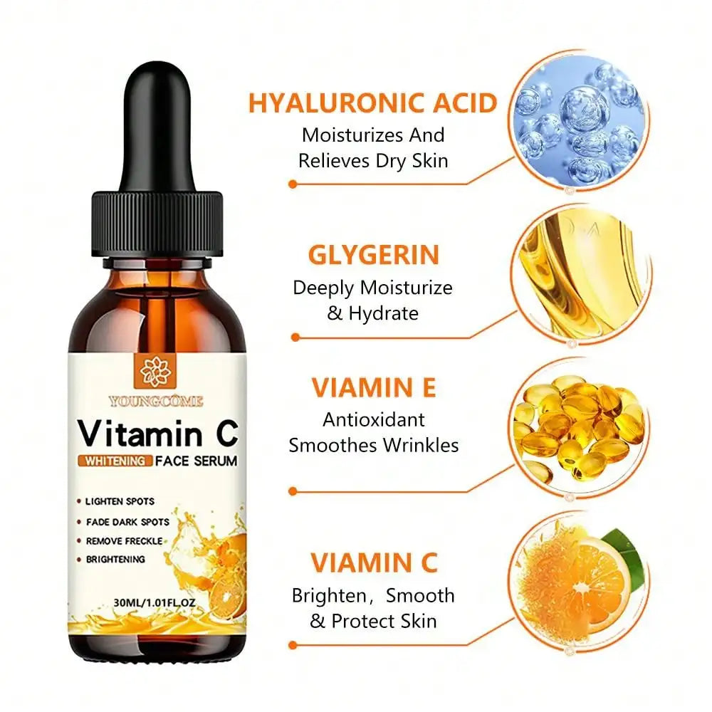 Essence pour le visage à la vitamine C contenant de l'acide hyaluronique, estompe les taches brunes, hydrate, répare et lutte contre le vieillissement cutané. Soin du visage 30 ml