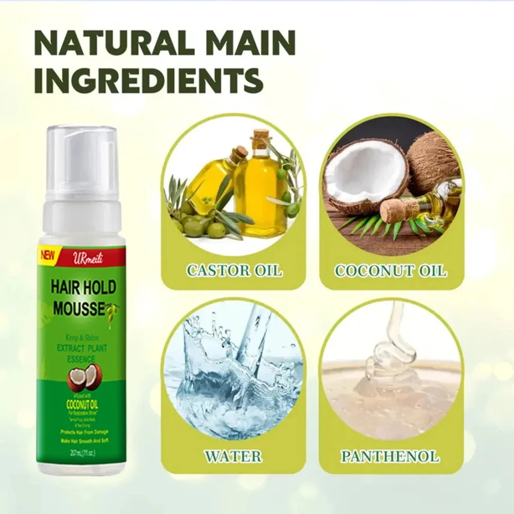 Mousse coiffante pour cheveux bouclés (207 ml) pour perruques, fixation forte, à l'huile d'olive, anti-frisottis, pour femmes.
