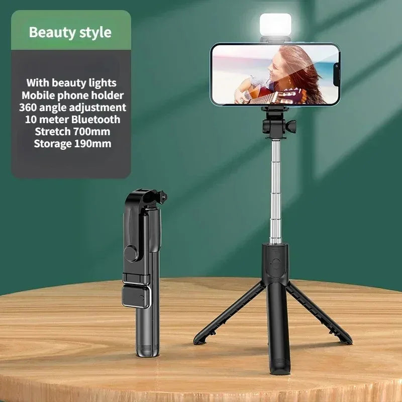 Perche à selfie sans fil avec trépied, lampe et télécommande Bluetooth extensible pour iPhone et streaming TikTok en direct