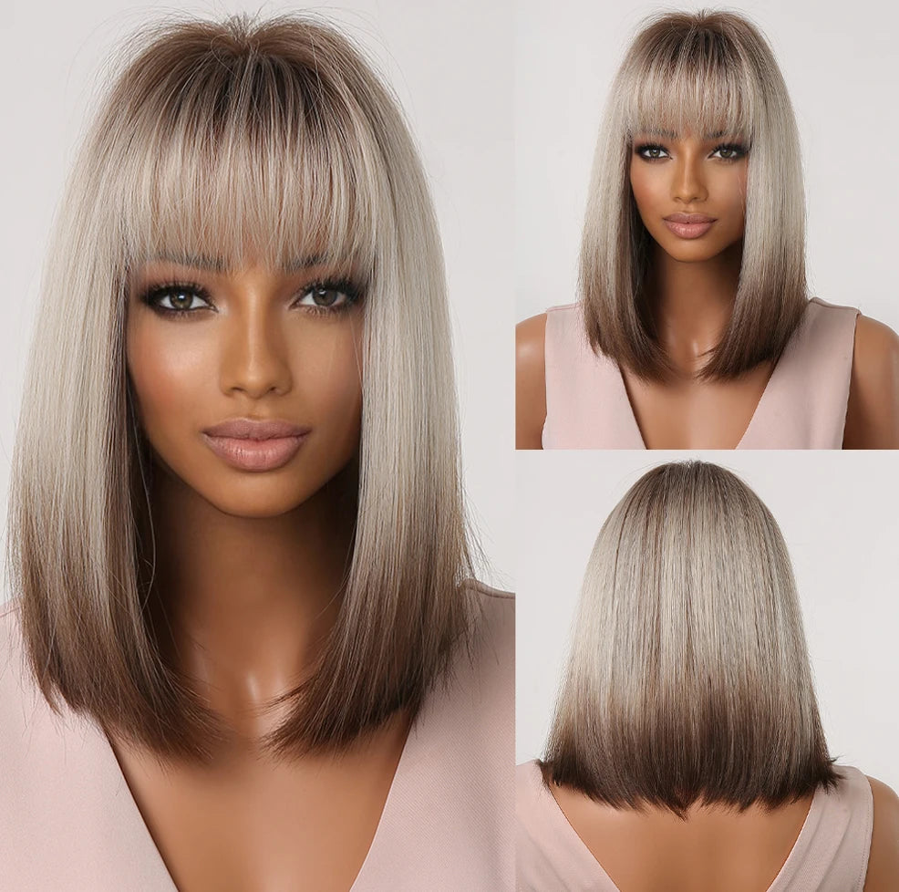Perruque synthétique blanche, blonde et grise avec frange, coupe courte et lisse, idéale pour le cosplay et le quotidien. Cheveux naturels et résistants à la chaleur.
