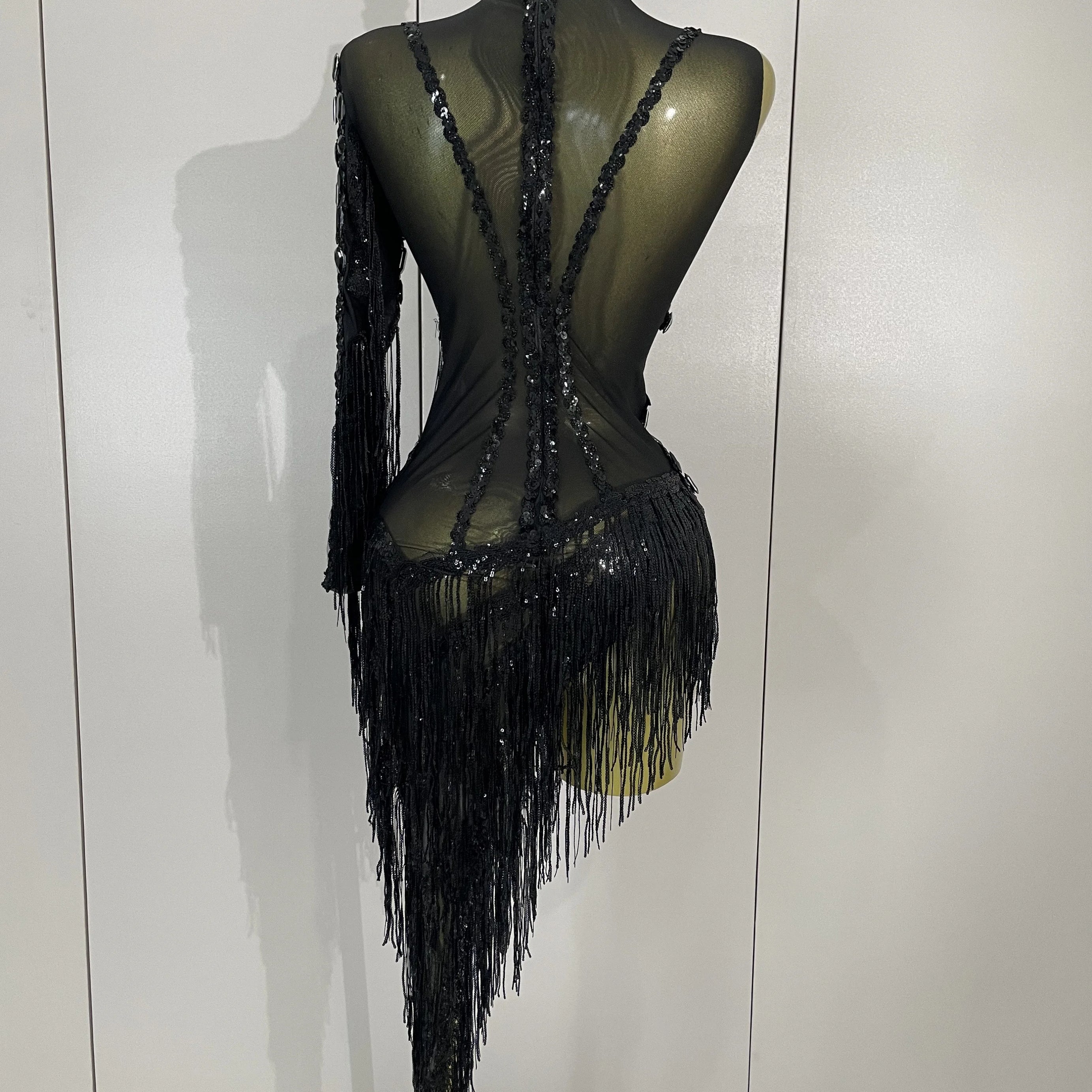 New Stage Costume Sparkly Rhinestones Tassel Sexy See-Through Dress Women One Shoulder Latin Dance Bars Nightclub Party Outfits