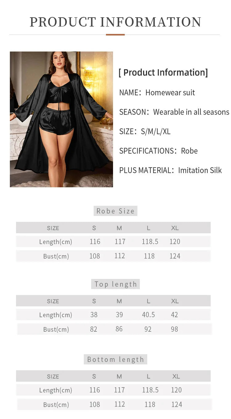 Ensemble 3 pièces de pyjama sexy pour femme, comprenant nuisettes en satin, robes de nuit et peignoirs courts.