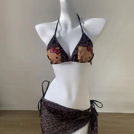 Maillot de bain Hello Kitty Sanrio imprimé léopard, 3 pièces, mignon, dos nu, pour les vacances, idéal pour les petites filles.