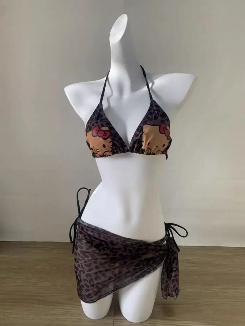 Maillot de bain Hello Kitty Sanrio imprimé léopard, 3 pièces, mignon, dos nu, pour les vacances, idéal pour les petites filles.