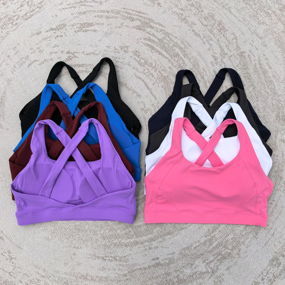Solid Color Tight Comprehensive Training Women Fitness Bra Cross Back Yoga Underwear Gym Sport Top Hollow Back Push Up Chest Pad