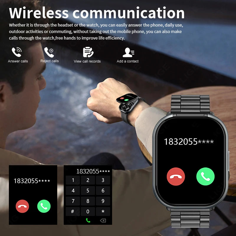 LIGE New Open-back Cip-on Headphones Smart Watch For Men Women 2.01” HD Screen Massive Watch Faces Bluetooth Call Smartwatches