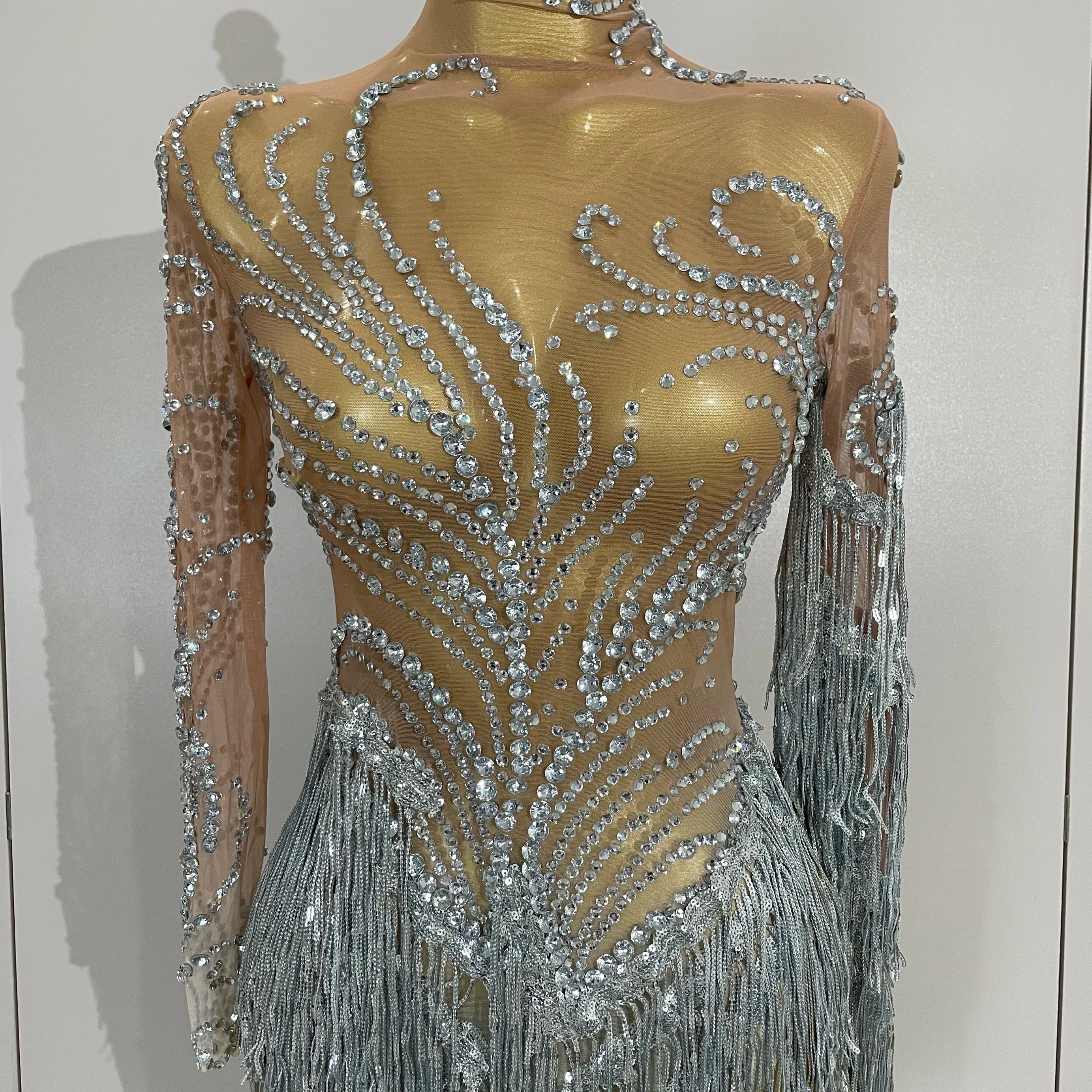 Women Sparkly Rhinestone Pearl Sequins Tassel Sexy Transparent Dress Evening Birthday Party Nightclub Dance Singer Stage Outfit