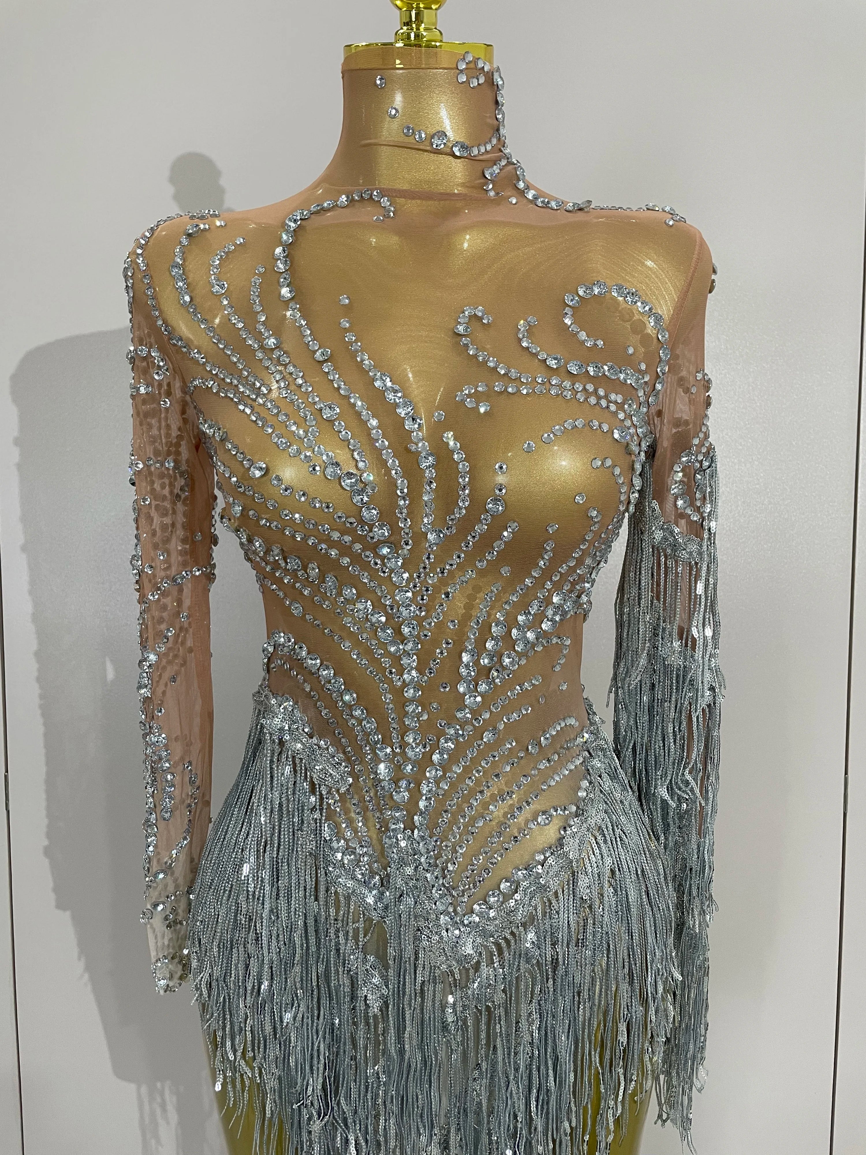 Women Sparkly Rhinestone Pearl Sequins Tassel Sexy Transparent Dress Evening Birthday Party Nightclub Dance Singer Stage Outfit
