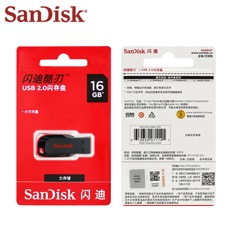Clé USB SanDisk Cruzer Blade originale 16 Go, 32 Go, 64 Go, 128 Go, disque de stockage USB portable pour ordinateur
