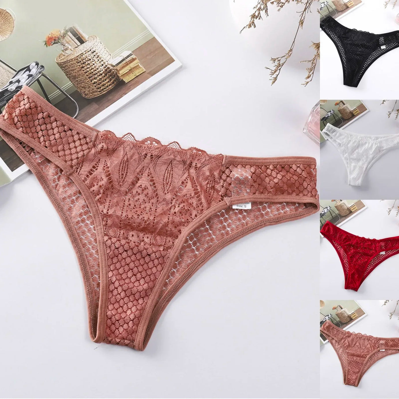 Culottes transparentes en dentelle sexy, taille basse, sans coutures, style culotte à crochets. Lingerie féminine.