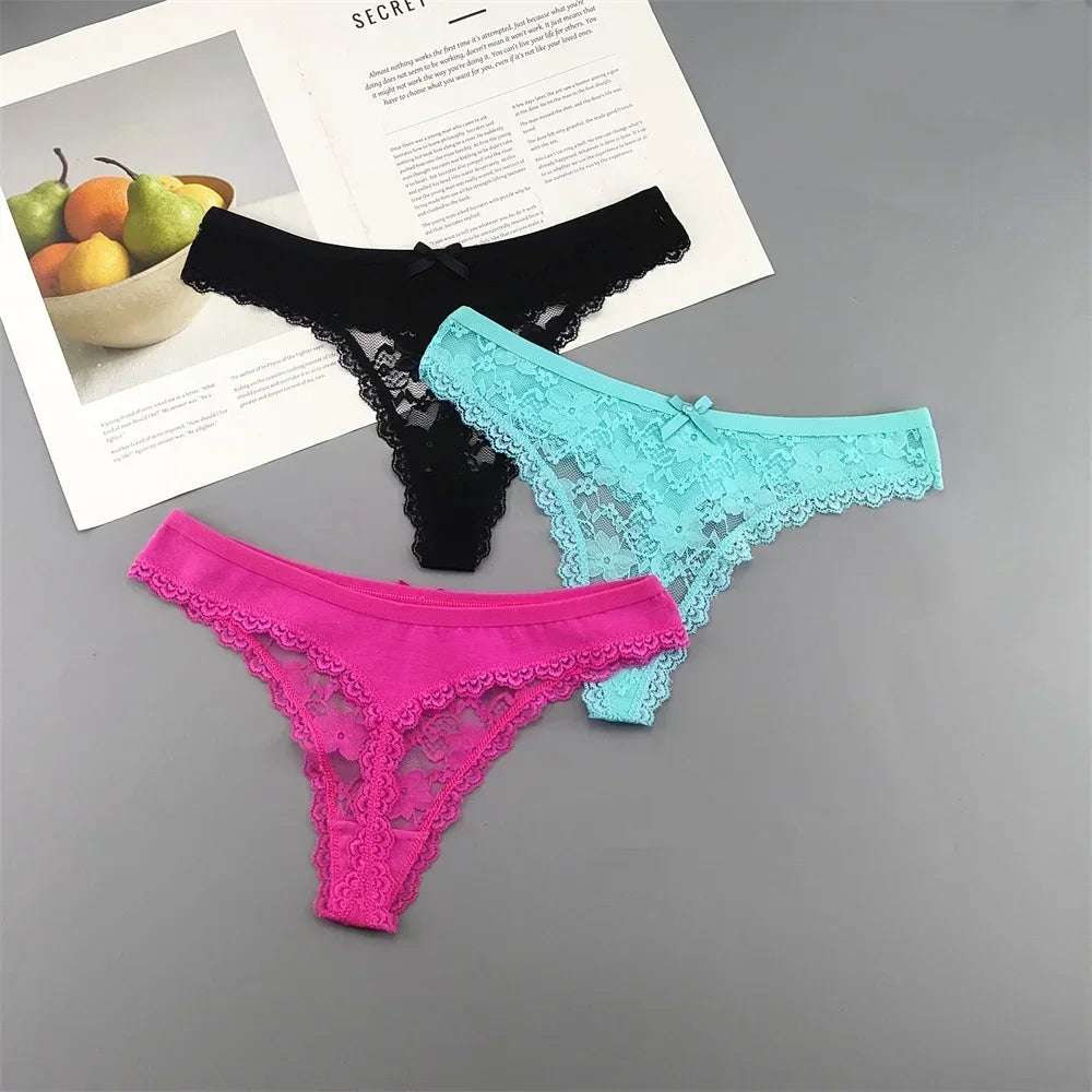 Lot de 3 culottes string sexy en dentelle transparente pour femme, sans coutures, style bikini, taille basse, tailles S à XXL