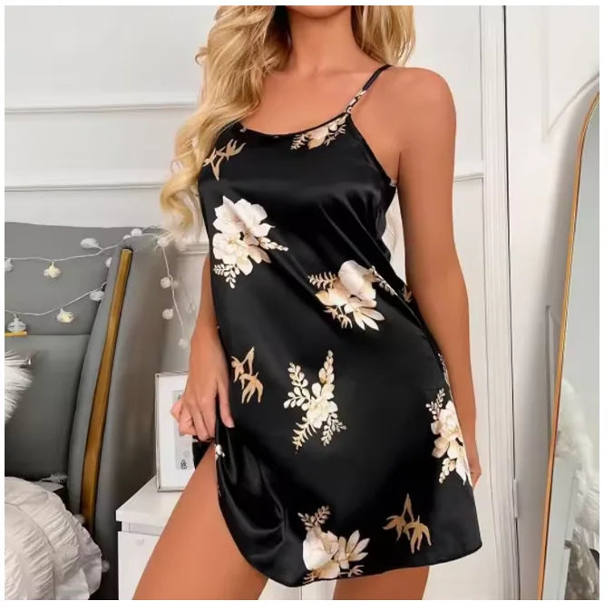 Vêtements de nuit pour femmes, vêtements d'intérieur, nuisette sexy noire à imprimé floral, chemises de nuit en soie, chemises de nuit pour femmes