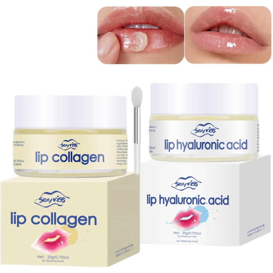 Masque de nuit pour les lèvres à l'acide hyaluronique et au collagène (20 g) : hydratation intense et longue durée, exfoliation, jour et nuit. Idéal comme cadeau.