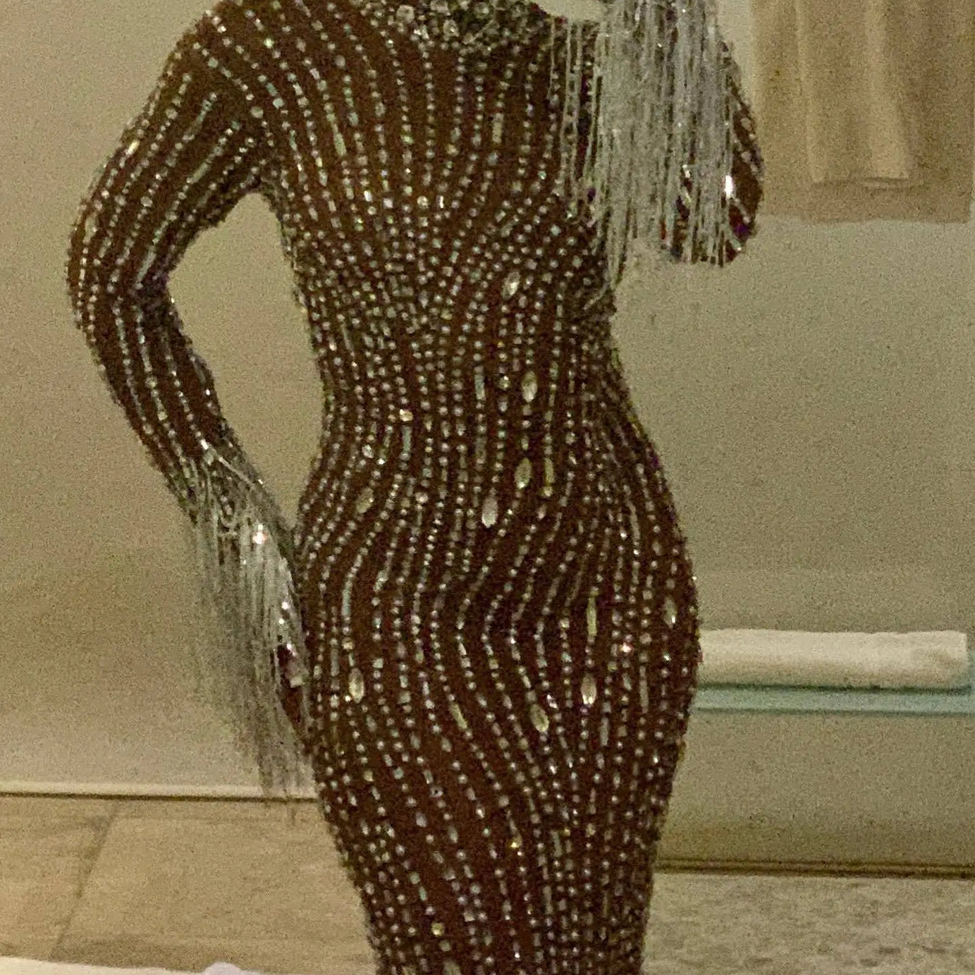 Sparkly Silver Big Rhinestone Transparent Long Dress Evening Birthday Celebrate Luxurious Costume Dancer Flashing Dress
