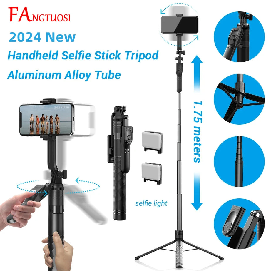 Perche à selfie sans fil FANGTUOSI 1750 mm, trépied, monopode pliable avec lumière LED pour smartphones, prise de vue stable et équilibrée en direct