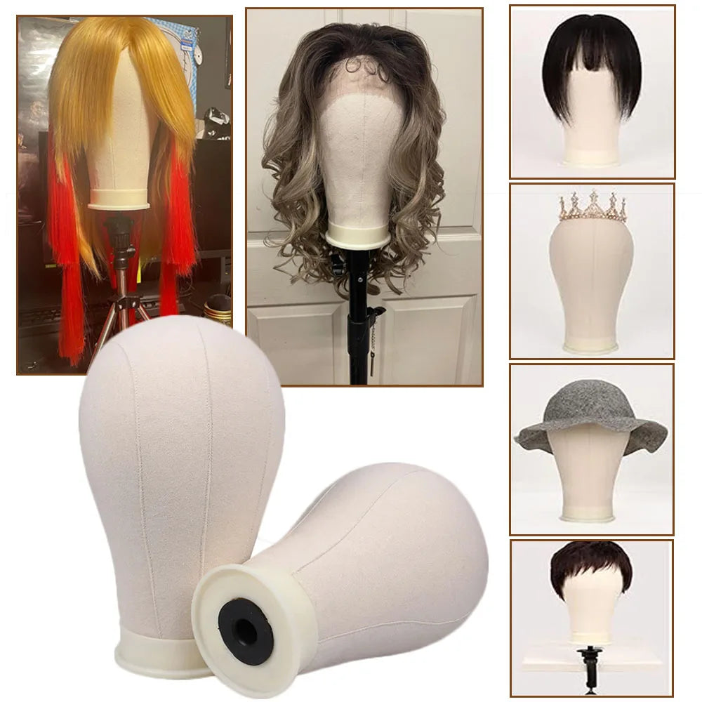 Tête de mannequin pour perruque de 53 à 58 cm (21 à 23 pouces) avec support, tête en toile pour la confection et la présentation de perruques, avec épingles.