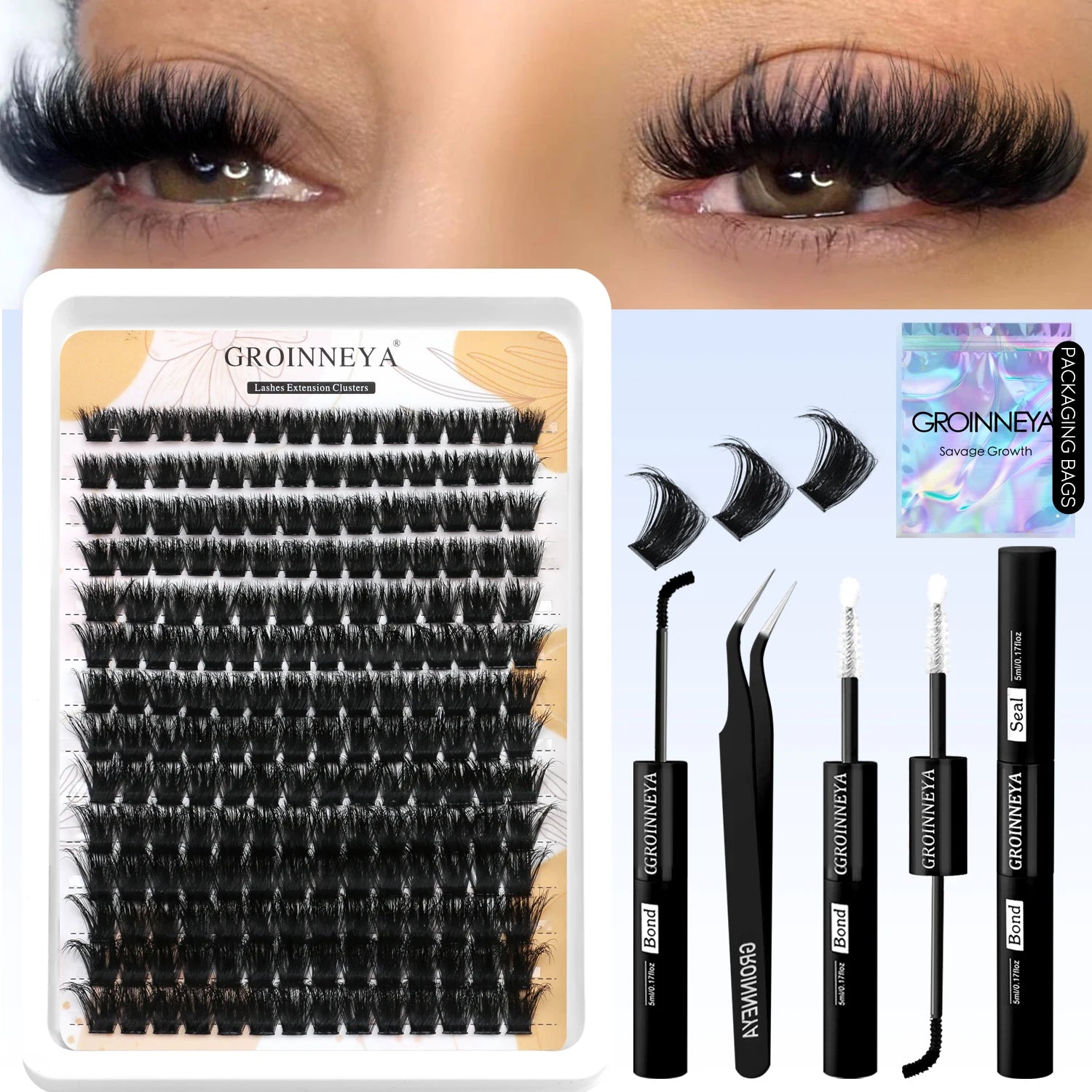 Kit de faux cils GROINNEYA avec patchs waterproof à tenue forte, kit d'extension de cils à faire soi-même, colle et fixateur, pince à épiler et maquillage.