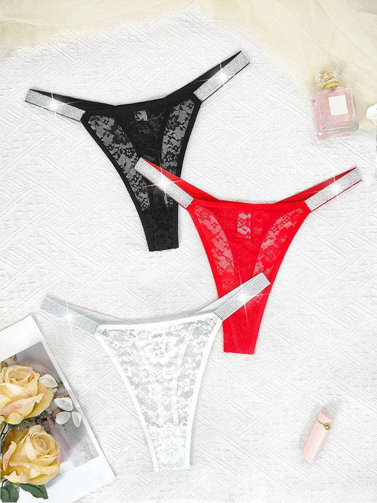 Lot de 3 strings sexy en dentelle pour femme, culottes fleuries transparentes, taille basse, deux ceintures brillantes, string confortable, lingerie intime
