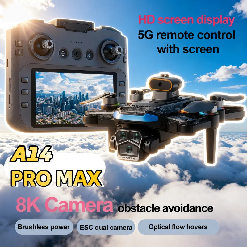 Véritable quadricoptère RC pliable A14 Pro Max GPS Brushless 8K avec trois caméras, détection d'obstacles et écran, pour une portée optimale.