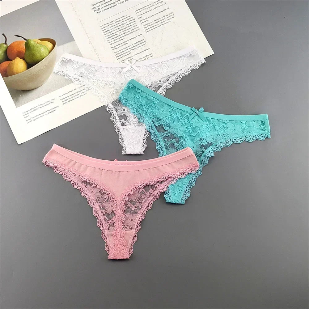 Lot de 3 culottes string sexy en dentelle transparente pour femme, sans coutures, style bikini, taille basse, tailles S à XXL