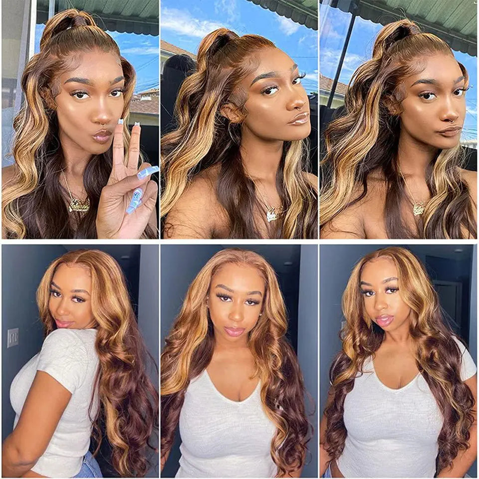 Perruque ondulée en cheveux humains, perruque en dentelle, blond miel, raie en T, perruque brésilienne Remy, 27/04