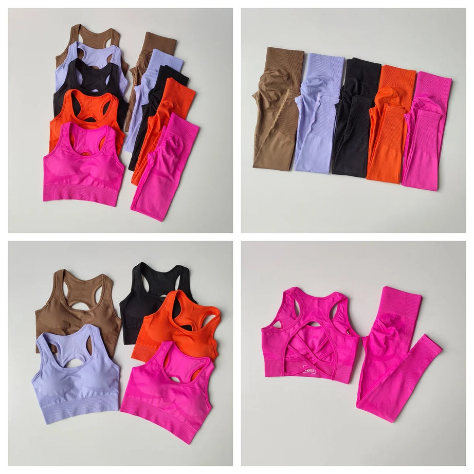 Ensemble de sport sans coutures pour femme : pantalon de yoga taille haute et brassière de sport avec coussinets amovibles pour un effet push-up fessier, idéal pour la course et l'entraînement.