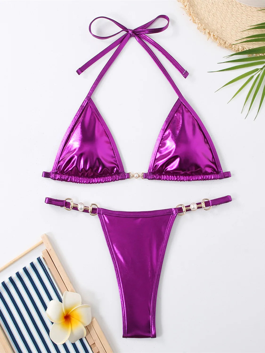Micro bikini rose brillant 2025 Femme Sexy PU Perles Push-up String Maillot de bain été Maillot de bain bandage vacances