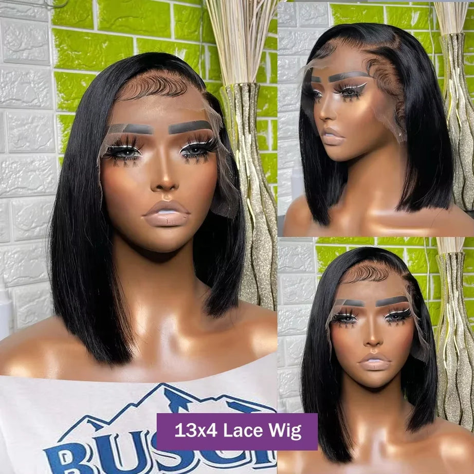Perruque courte et lisse 13x4 avec lace front transparente 4x4, densité 200%, 100% cheveux humains, pré-épilée, pour femmes noires, 12 à 16 pouces.