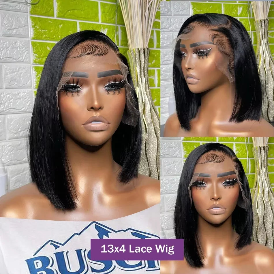 Perruque courte et lisse 13x4 avec lace front transparente 4x4, densité 200%, 100% cheveux humains, pré-épilée, pour femmes noires, 12 à 16 pouces.