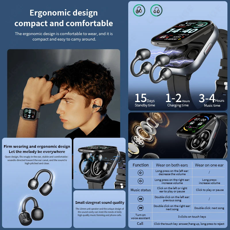 LIGE New Open-back Cip-on Headphones Smart Watch For Men Women 2.01” HD Screen Massive Watch Faces Bluetooth Call Smartwatches