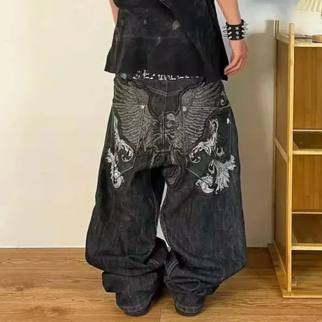 Jean tendance streetwear brodé de têtes de mort pour femme, style Harajuku Y2K, pantalon droit à jambes larges, style Joker, jean décontracté pour couple