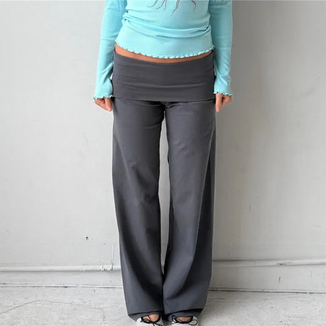 Pantalon large femme, couleur unie, taille repliable, pantalon décontracté printemps automne, pantalon de jogging ample, style streetwear Y2K