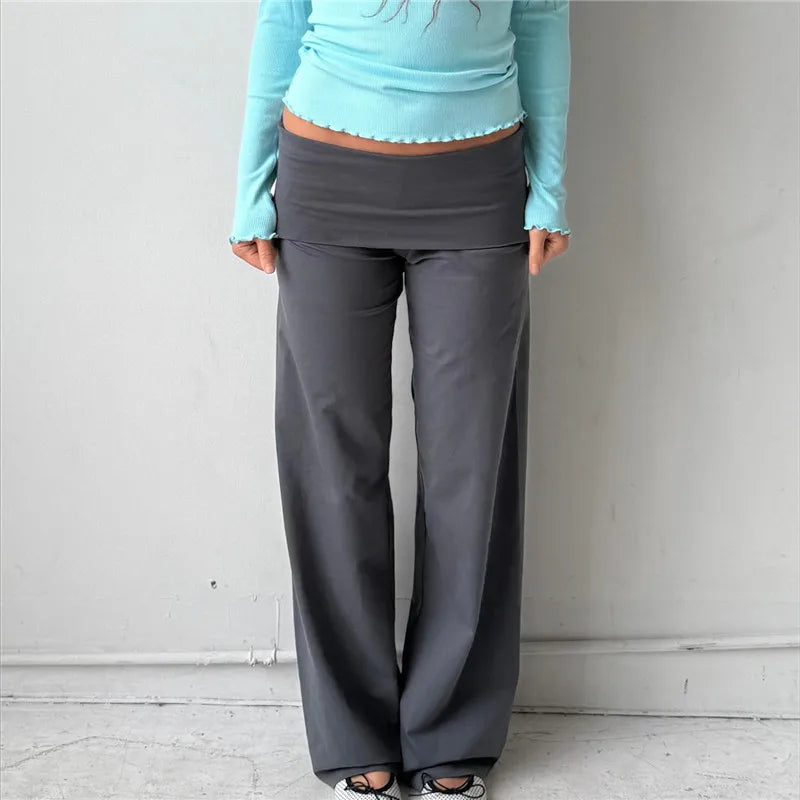 Pantalon large femme, couleur unie, taille repliable, pantalon décontracté printemps automne, pantalon de jogging ample, style streetwear Y2K