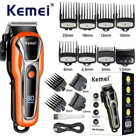 Tondeuse à cheveux rechargeable Kemei PG1990A avec peignes de guidage, professionnelle et sans fil, pour hommes. Appareil de coupe de cheveux pour hommes.