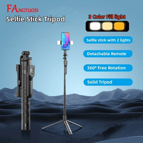 Perche à selfie sans fil FANGTUOSI 1750 mm, trépied, monopode pliable avec lumière LED pour smartphones, prise de vue stable et équilibrée en direct