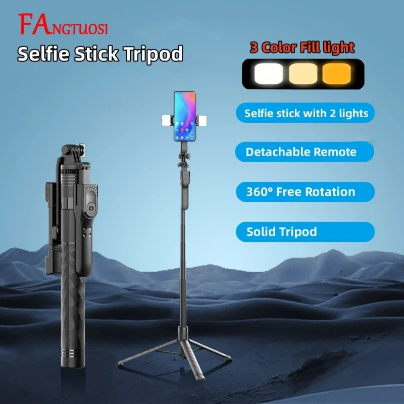 Perche à selfie sans fil FANGTUOSI 1750 mm, trépied, monopode pliable avec lumière LED pour smartphones, prise de vue stable et équilibrée en direct