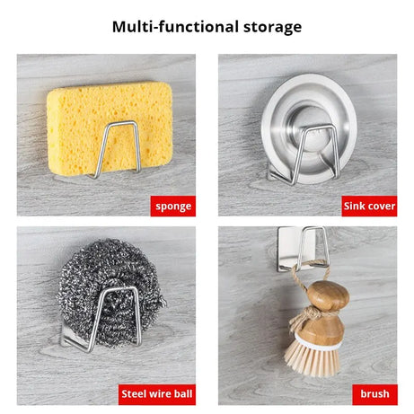 1 porte-éponge en acier inoxydable pour évier, avec égouttoir à billes en fil d'acier, à coller sur la paroi intérieure de l'évier. Accessoires de cuisine.