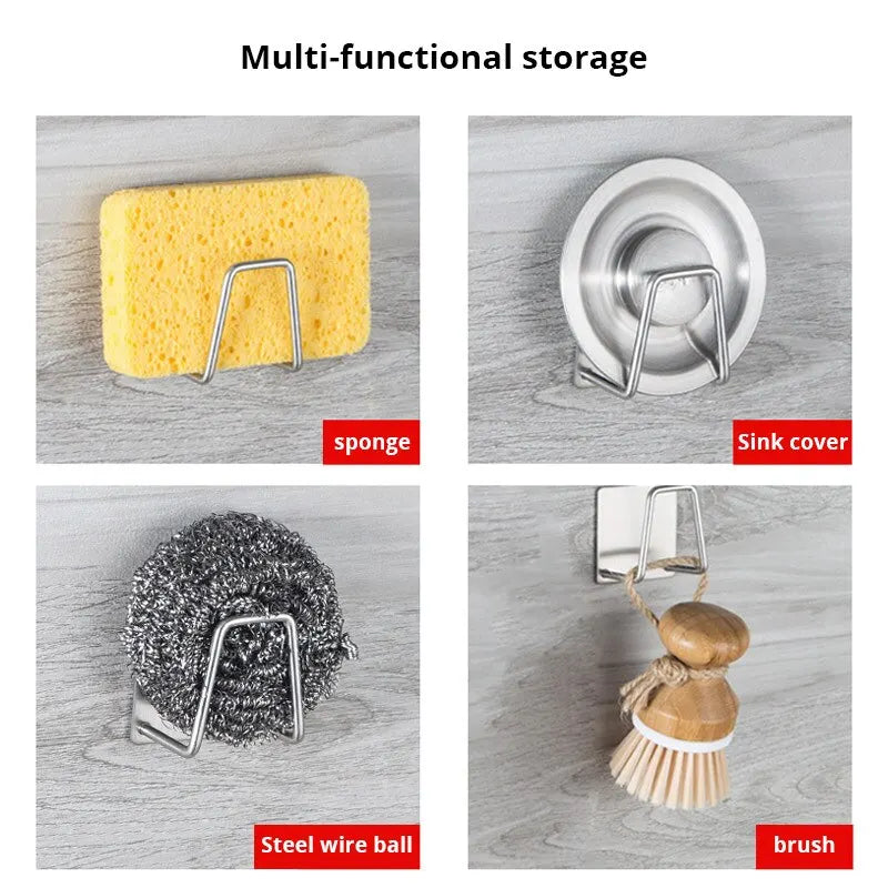 1 porte-éponge en acier inoxydable pour évier, avec égouttoir à billes en fil d'acier, à coller sur la paroi intérieure de l'évier. Accessoires de cuisine.