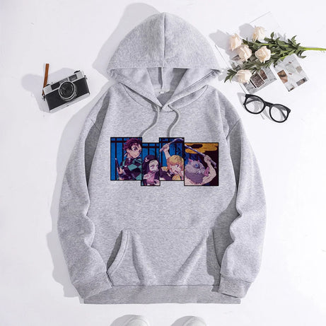 Japanese Anime Demon Slayer Hoodie Unisex Kamado Tanjirou Graphic Sweatshirts Greys Y2k Harajuku Fashion Cartoon Pullover Winter