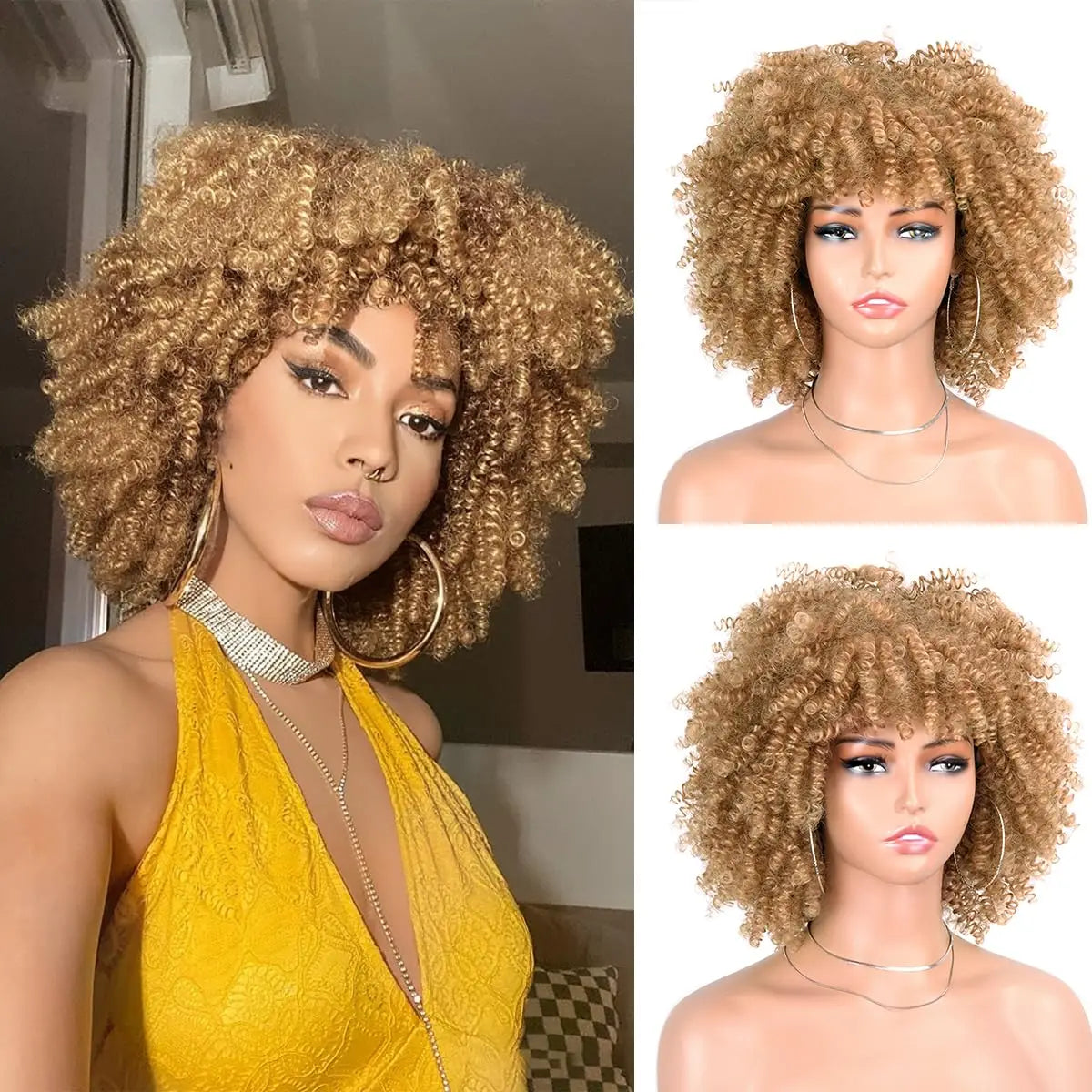 Perruque synthétique afro courte et frisée avec frange, 30 cm, pour femmes noires. Naturelle, sans colle, résistante à la chaleur, idéale pour les soirées et les fêtes.