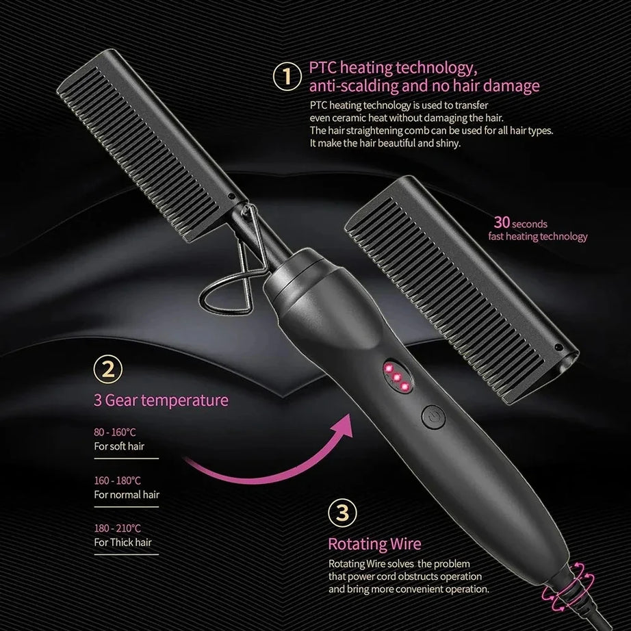 Peigne chauffant électrique rose, fer à lisser pour cheveux, barbe et perruques, utilisable sur cheveux secs ou mouillés.