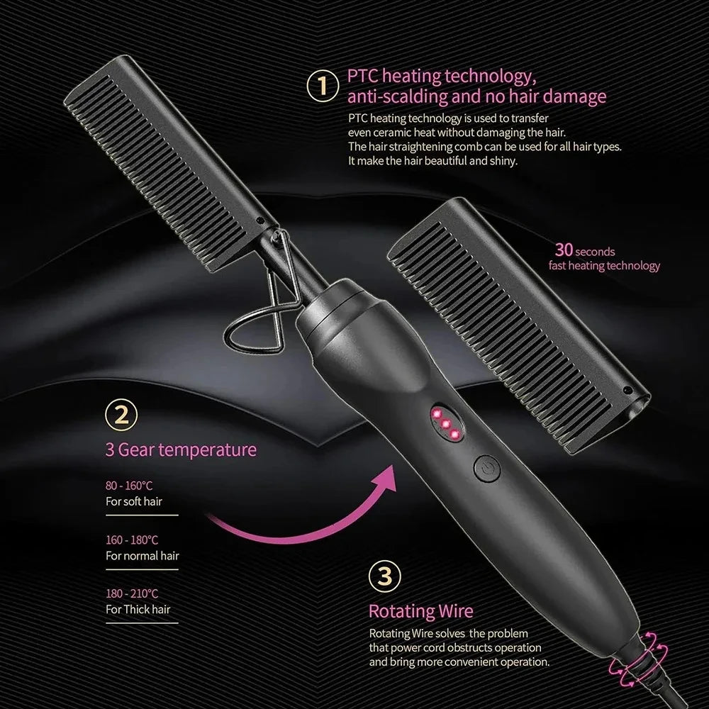 Peigne chauffant électrique rose, fer à lisser pour cheveux, barbe et perruques, utilisable sur cheveux secs ou mouillés.