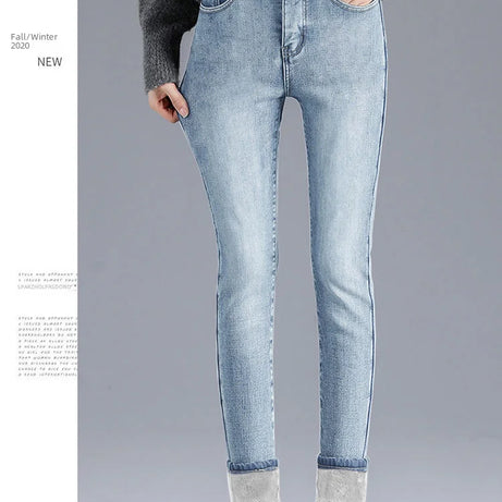 Jean d'hiver épais doublé polaire pour femme, amincissant, chaud et élastique, coupe crayon