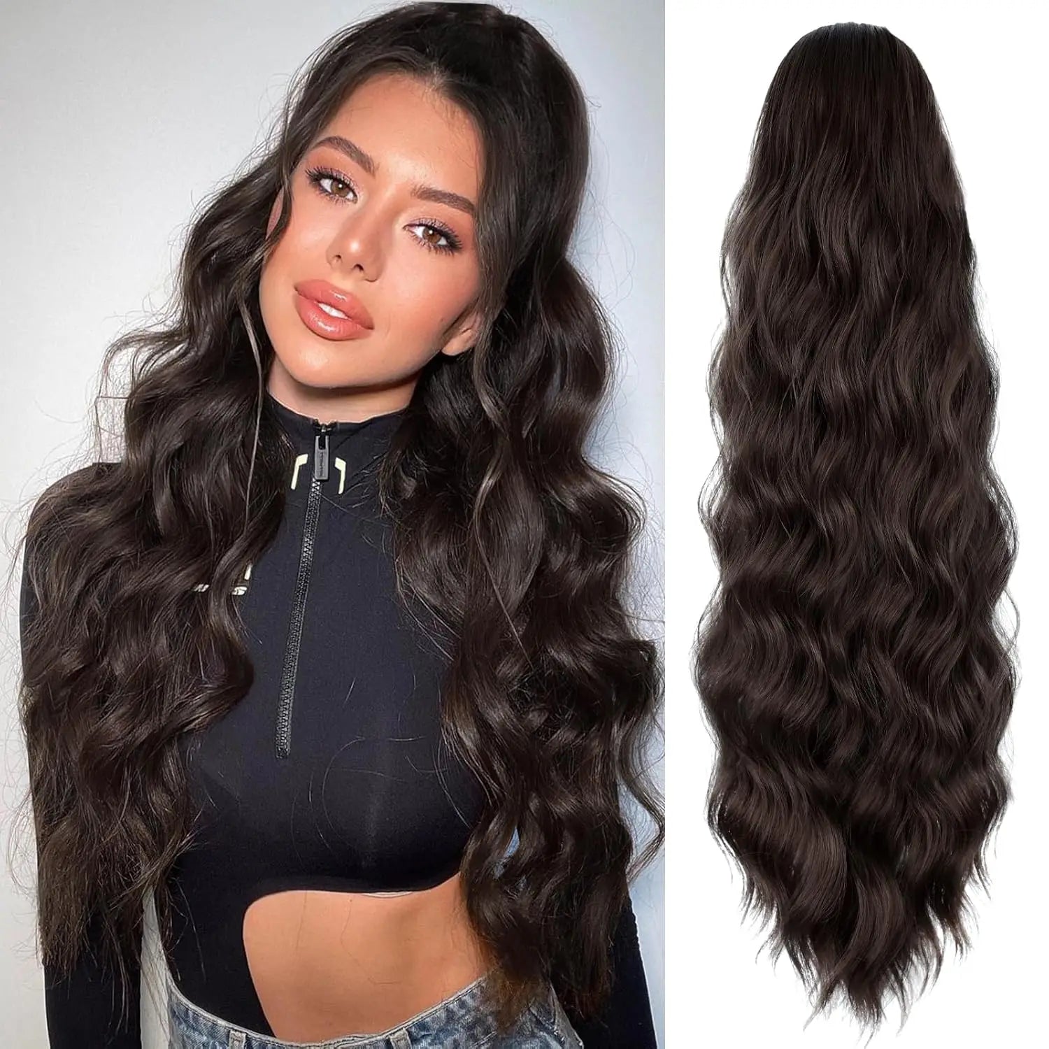 Queue de cheval ondulée longue de 45/65/75 cm avec cordon de serrage pour femme, extension de cheveux synthétiques marron pour un usage quotidien