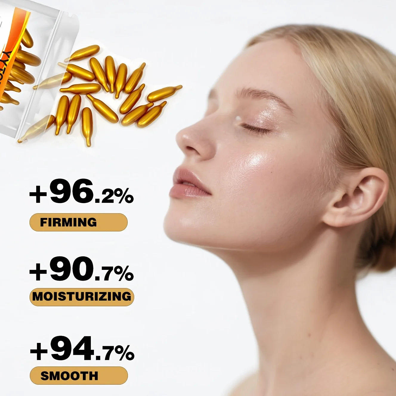 Capsules d'essence hydratante intense à la vitamine E, hydrate et lisse la peau, contient du squalane végétal et de la vitamine C. Essence hydratante et illuminatrice pour le teint (0,4 g x 30 capsules) / 1 sachet
