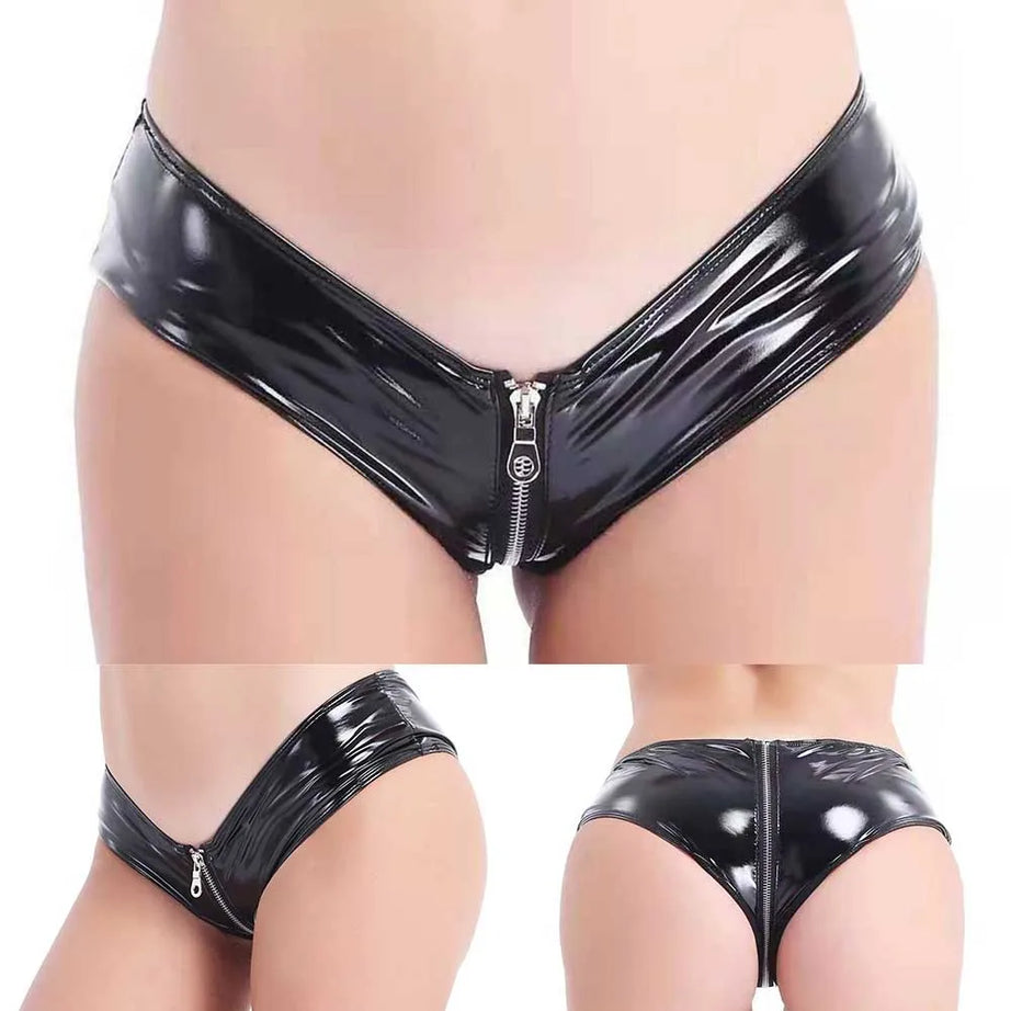 Culottes à entrejambe zippée pour femmes, mini-shorts en PVC effet mouillé, bikini taille basse, sous-vêtements skinny, tenues de soirée, lingerie érotique