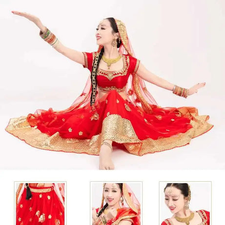 Yiman Exotic Indian Dance Dress Ethnic Style Female Photo Belly Dance Sari Top Big Swing Skirt Lengha Set